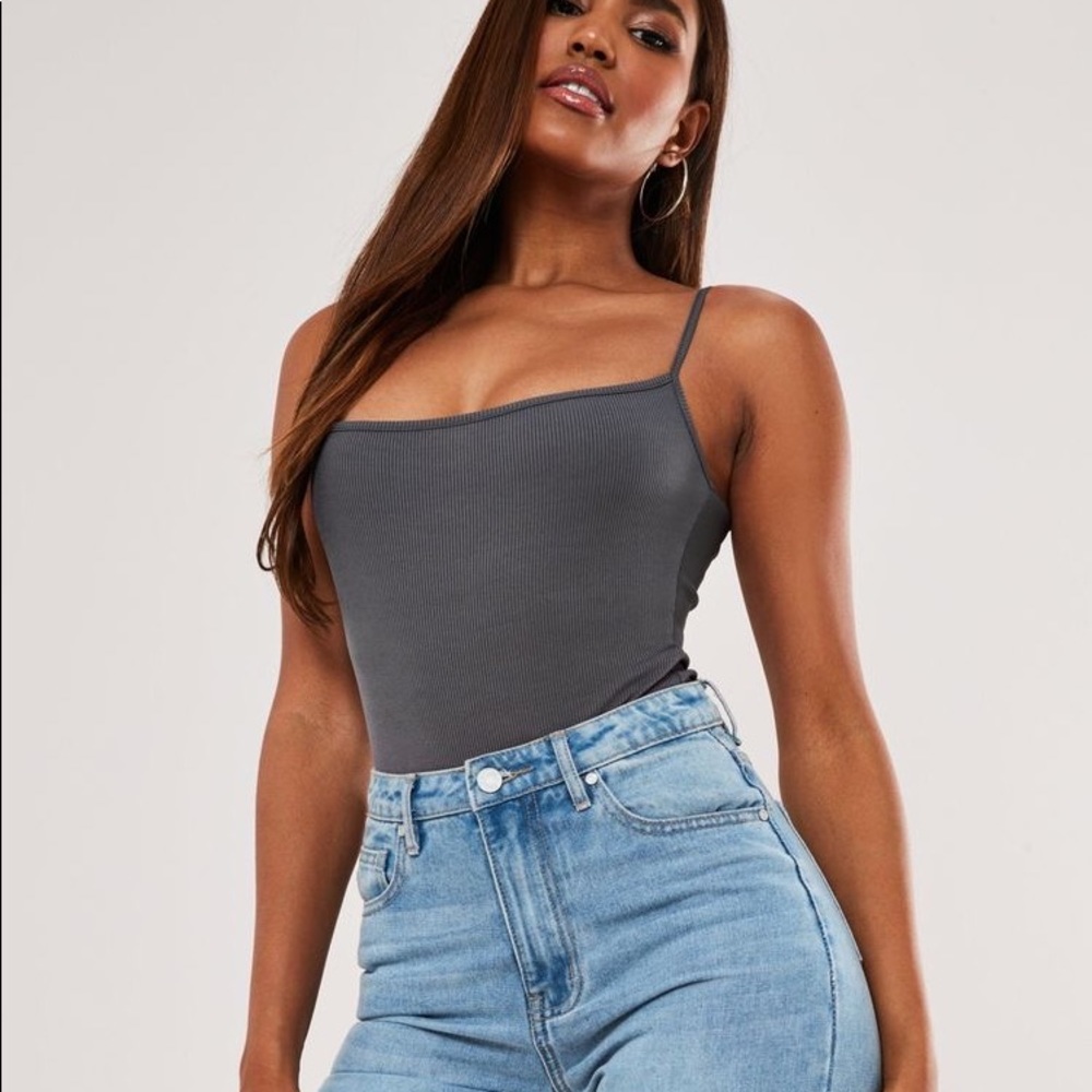 Missguided Gray Rib Cami High Leg Bodysuit